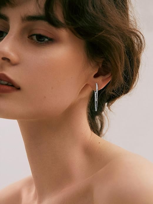 925 Sterling Silver Tassel Chain Hoop Earrings