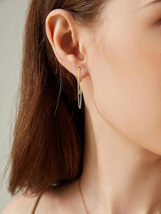 925 Sterling Silver Tassel Chain Hoop Earrings