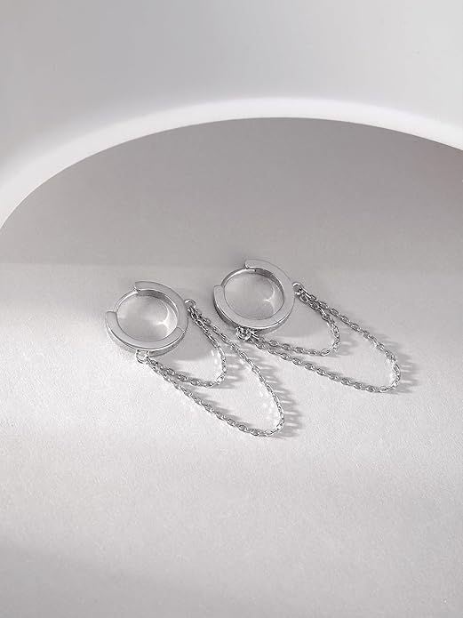 925 Sterling Silver Tassel Chain Hoop Earrings