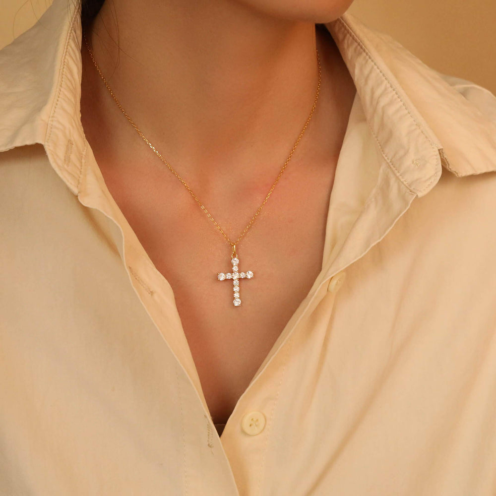 S.Leaf Sterling Silver 14K Gold Plated Cubic Zirconia Cross Necklace