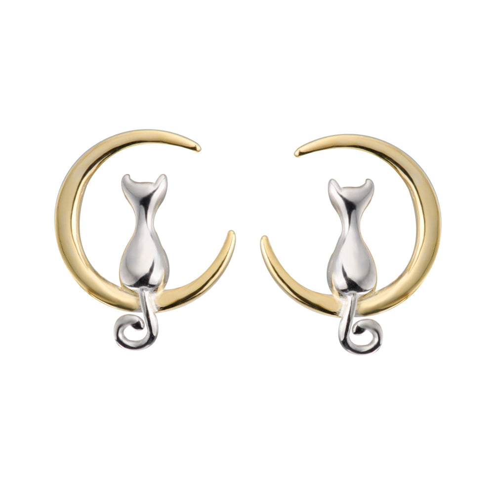 Cat Moon Stud Earrings Sterling Silver