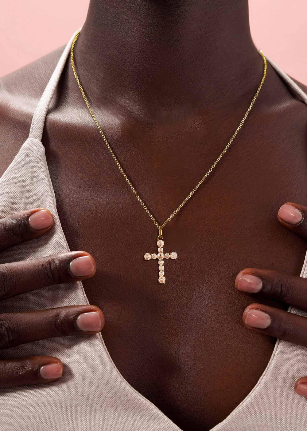 S.Leaf Sterling Silver 14K Gold Plated Cubic Zirconia Cross Necklace