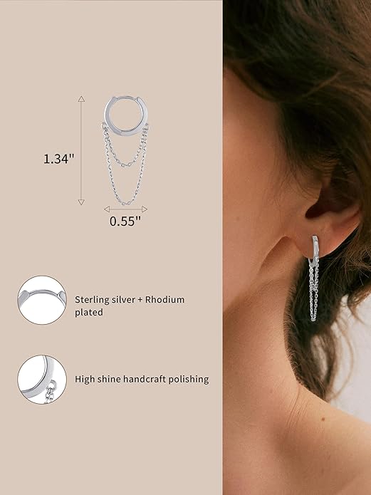 925 Sterling Silver Tassel Chain Hoop Earrings