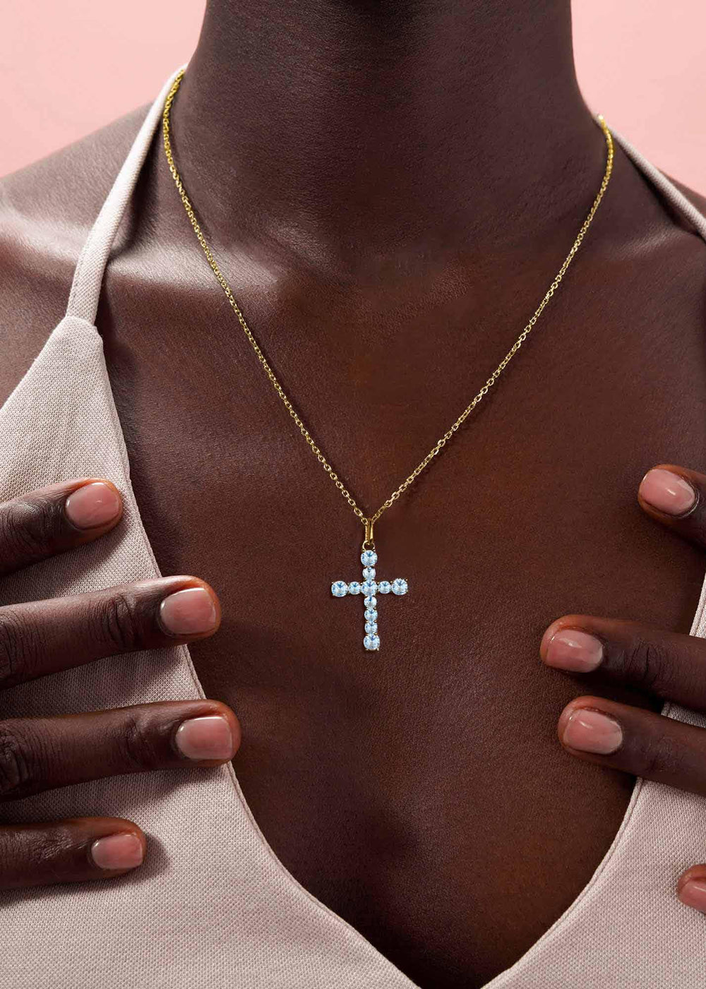 S.Leaf Sterling Silver 14K Gold Plated Cubic Zirconia Cross Necklace
