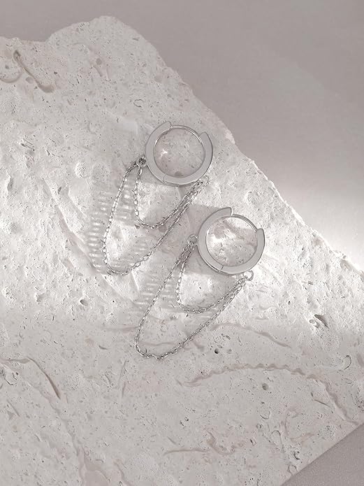 925 Sterling Silver Tassel Chain Hoop Earrings