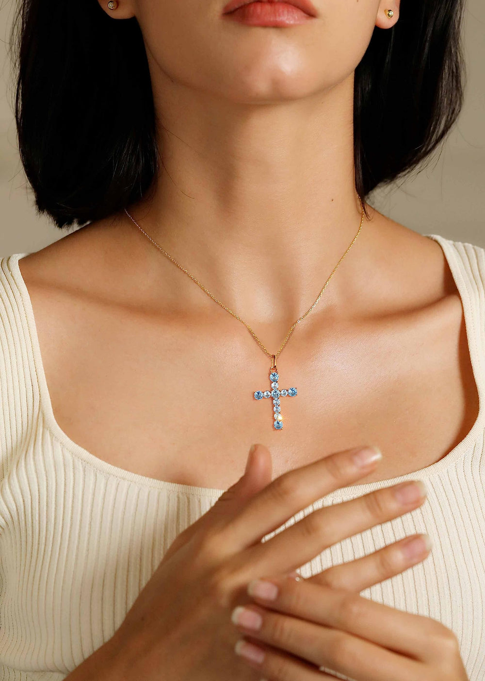 S.Leaf Sterling Silver 14K Gold Plated Cubic Zirconia Cross Necklace