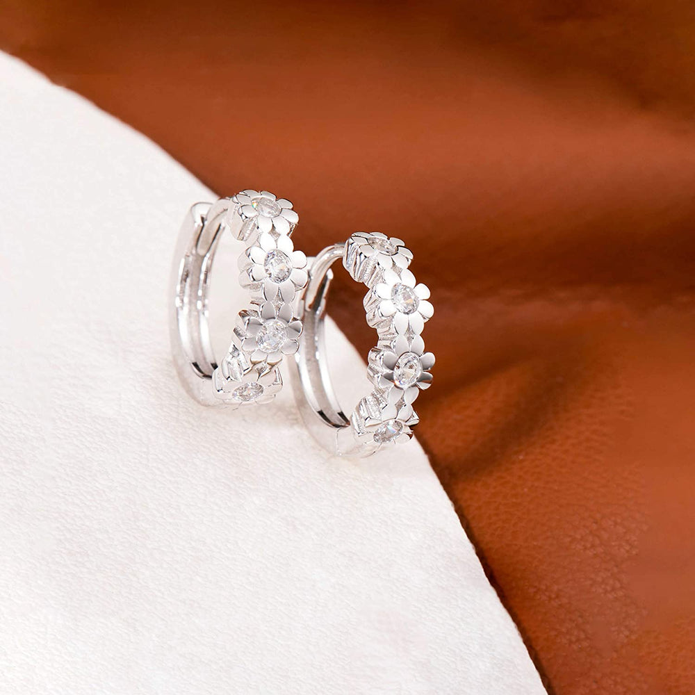 Dainty Cz Daisy Huggie Hoop Earrings 925 sterling silver